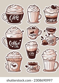 set of coffe stickers vintage cream