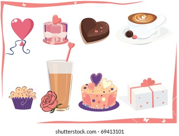 set of coffe and sweets with heart shapes