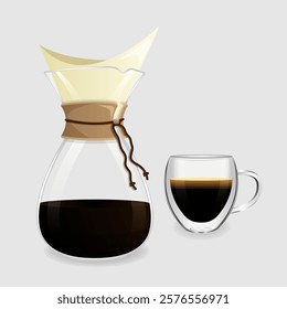 Set of coffee accessoires. Pour over coffee maker with paper filter and cup of coffee. Brewing method. Filtered coffee. Vector illustration isolated on grey background.