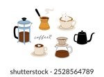 Set of coffee accessories and brewing methods. Coffee makers. French press, filter, turkish coffee, chemex, moka pot. Cafe equipment for morning energy hot drinks, Flat cartoon vector set.