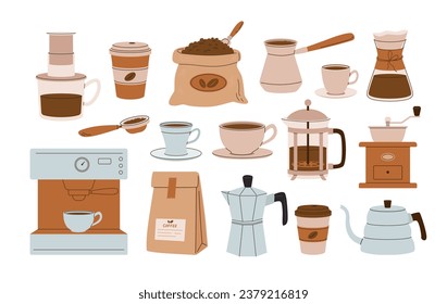 Set of coffee accessories and brewing methods. Coffee machine, beans packaging, grinder, cup, cezve, geyser vector illustrations. 