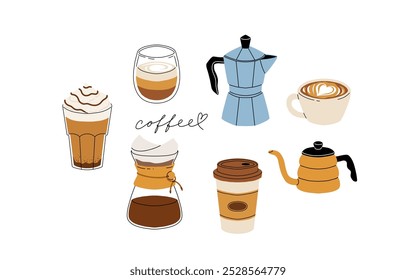 Set of coffee accessories and brewing methods. Coffee makers. French press, filter, turkish coffee, chemex, moka pot. Cafe equipment for morning energy hot drinks, Flat cartoon vector set.