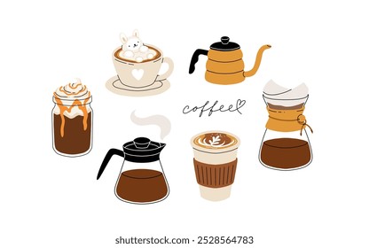 Set of coffee accessories and brewing methods. Coffee makers. French press, filter, turkish coffee, chemex, moka pot. Cafe equipment for morning energy hot drinks, Flat cartoon vector set.