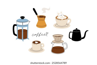 Set of coffee accessories and brewing methods. Coffee makers. French press, filter, turkish coffee, chemex, moka pot. Cafe equipment for morning energy hot drinks, Flat cartoon vector set.