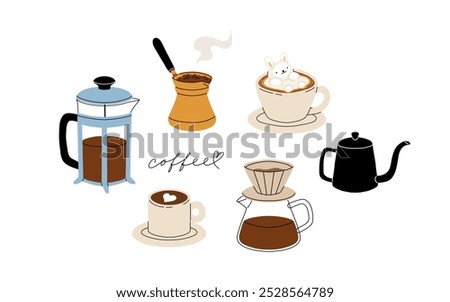 Set of coffee accessories and brewing methods. Coffee makers. French press, filter, turkish coffee, chemex, moka pot. Cafe equipment for morning energy hot drinks, Flat cartoon vector set.