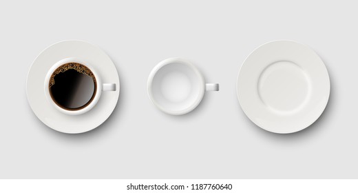 Set of coffee accessories, coffee cup with coffee, empty cup and saucer isolated on gray background. Vector realistic illustration.