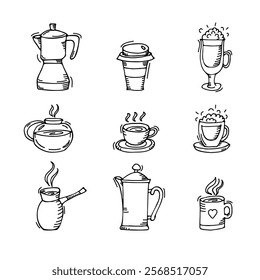 set of coffee accessories, cups and teapots, hand drawn in cartoon style.