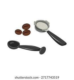 Conjunto de acessórios de café com tamper, filtro e grãos de café. Ilustração vetorial desenhada à mão isolada em branco, perfeita para conceitos baristas, design de café e guias de fabricação de café.