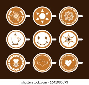 Set Of Coffee Art White Cup. Latte Icon. Logo Design. Vector Illustration.