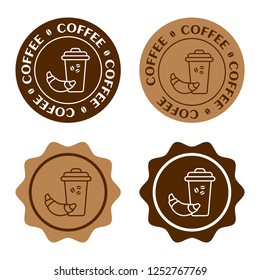 Set of coffee badge, round brown stickers. Glass of coffee with croissant. Vector illustration