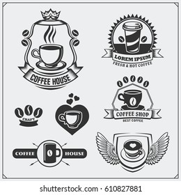Set of coffee badges, labels and design elements. Coffee shop emblems templates.