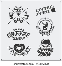 Set of coffee badges, labels and design elements. Coffee shop emblems templates.