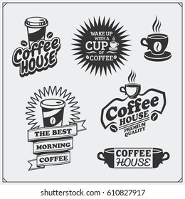 Set of coffee badges, labels and design elements. Coffee shop emblems templates.