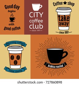 Set of coffee badges with take away coffee, porcelain cup. Badges for coffee packages, cups or menu