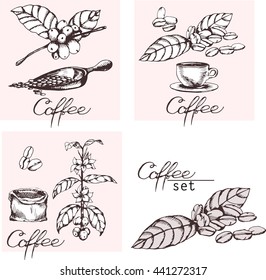 Set with coffee, coffee bag, cup and coffee beans and leaves. Hand drawn illustration in sketch style. Ink vector illustration. Logo design.