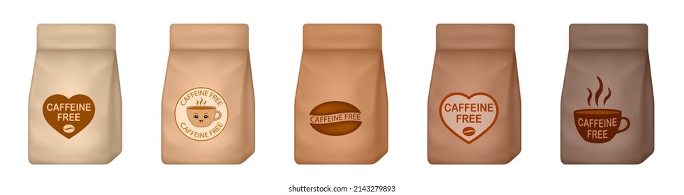 Set of coffee bags with caffeine free stamps. Caffeine free mug-shaped logo. Stamp or icon. Brown label. Healthy drinks. Beverage. Herbal tea. Cup. Decaf heart-shaped logo. Brown paper pouch