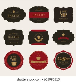 Set of coffee and bakery label for design vintage style. Banner vector red and black theme design.