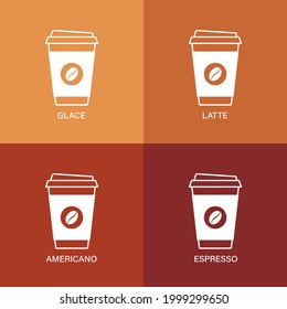 Set coffee banner - americano, espresso, latte, glace. Vector illustration. Coffee cup in line style on brown background.