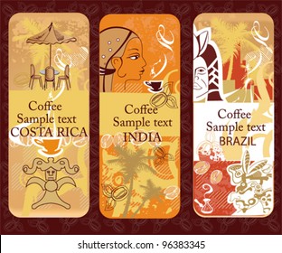 Set of coffee banners from Brazil, India and Costa Rica