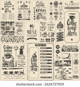 Set of coffee banners with seamless pattern,  coffee machine, coffee beans, cups, price tags and vintage inscriptions. Suitable for logo, menu, label, signboard, shop, restaurant, cafe. No AI used