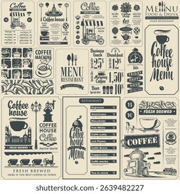 Set of coffee banners with seamless pattern,  coffee machine, coffee beans, cups, price tags and vintage inscriptions. Suitable for logo, menu, label, signboard, shop, restaurant, cafe. No AI used