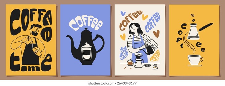 Set of coffee, barista designs on minimal background for posters, invitations, covers, menus and other design and interior templates. Vector illustration in doodle