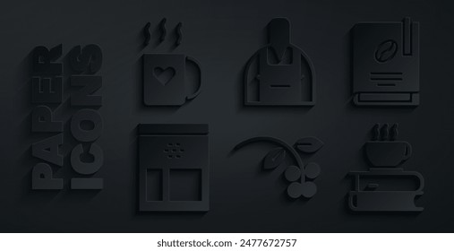 Set Coffee bean, branch, book, Bag coffee beans, cup and, Barista and heart icon. Vector