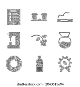 Set Coffee bean, branch, Bottle with milk, Medal for coffee, Pour over maker, Donut sweet glaze, machine, Cigarette and menu icon. Vector