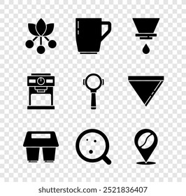 Set Coffee bean, branch, cup, V60 coffee maker, to go, Location with, machine and filter holder icon. Vector