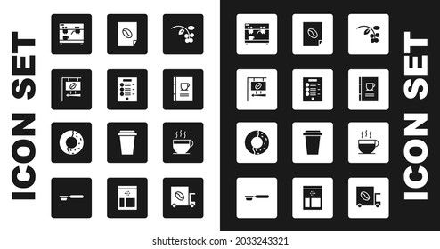 Set Coffee bean, branch, menu, Street signboard coffee, machine, book, poster, cup and Donut with sweet glaze icon. Vector