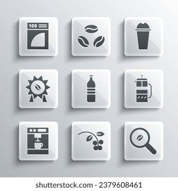 Set Coffee bean, branch, Selection coffee beans, French press, Bottle water, machine, Medal for, paper filter and Milkshake icon. Vector