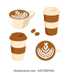 Un juego de tazas de café y granos de café y tazas de papel. Ilustración vectorial aislada sobre fondo blanco