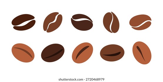 Un conjunto de íconos de granos de café aislados sobre un fondo blanco, Ilustración vectorial, diseño plano. Icono decorativo, gráfico, simple de una bebida caliente, un elemento para el diseño, decoración, etiquetas