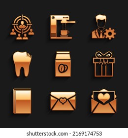 Set Coffee beans in bag, Envelope with Valentine heart, , Gift box, Book and Broken tooth icon. Vector