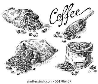 set of coffee beans in bag in graphic style