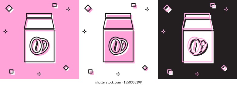 Set Coffee beans in bag icon isolated on pink and white, black background.  Vector Illustration