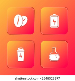 Set Coffee beans, Battery, Fitness shaker and Test tube and flask icon. Vector