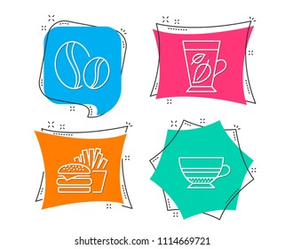 Set of Coffee beans, Burger and Mint leaves icons. Mocha sign. Whole bean, Cheeseburger, Mentha leaf. Coffee cup.  Flat geometric colored tags. Vivid banners. Trendy graphic design. Vector