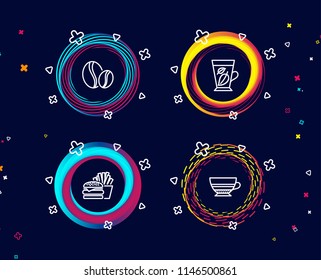 Set of Coffee beans, Burger and Mint leaves icons. Mocha sign. Whole bean, Cheeseburger, Mentha leaf. Coffee cup.  Circle banners with line icons. Gradient colors shapes. Vector