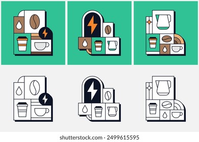 Set of Coffee Beans Caffeine Energy Mug Cup Water Drop Breakfast Geometric Line Art Illustration