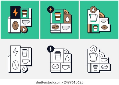 Set von Kaffeebohnen Koffein Energie Becher Tasse Wasser Tropfen Frühstück geometrische Linie Kunst Illustration