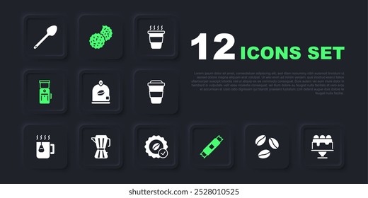 Set Coffee beans, Cake, Bag coffee, Sugar stick packets, Electric grinder, maker moca pot, Cookie or biscuit and Medal for icon. Vector