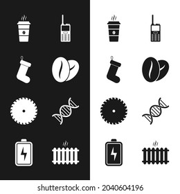 Set Coffee beans, Christmas sock, cup, Walkie talkie, Circular saw blade and DNA symbol icon. Vector