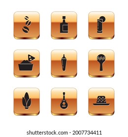 Set Coffee beans, Corn, Mexican guitar, Hot chili pepper pod, Nachos in bowl, Tequila glass with lemon, sombrero and bottle icon. Vector