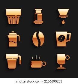 Set Coffee beans, cup, Irish coffee, French press, V60 maker and Glass with water icon. Vector