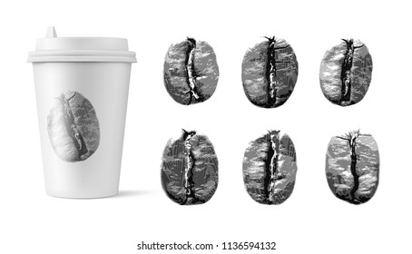 Set of coffee beans with coffee cup isolated on white background. Vector illustration. Can be used for your design, promo, adv. EPS10.