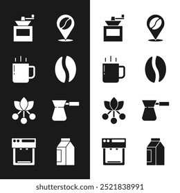 Conjunto de granos de café, taza, molinillo de café manual, Locación con, frijol, rama, turk, bolso e icono de la máquina. Vector