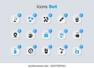 Set Coffee beans, Cup tea with bag, Electric coffee grinder, Manual, Kettle handle, Tea and jar bottle icon. Vector