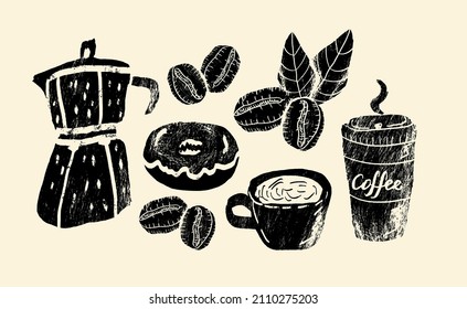 Set of coffee beans, donut, plastic cup and сezve in graphic style hand drawn vector illustration.