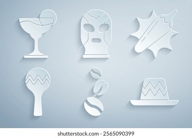 Set Coffee beans, Hot chili pepper pod, Maracas, Mexican sombrero, wrestler and Margarita cocktail icon. Vector